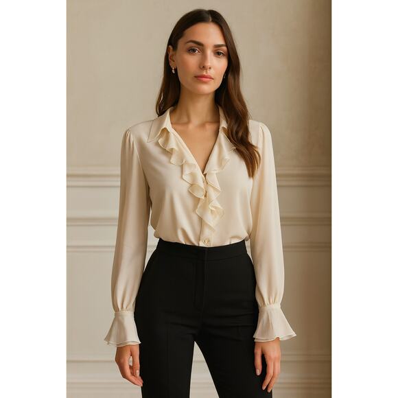 St. John Silk Ruffle Button up Blouse 10 Cream Tuxedo Victorian Luxury Elegant - Picture 1 of 9